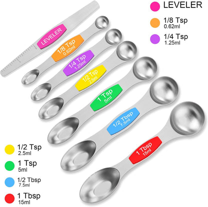 Wildone 14 Piece Stainless Steel measuring spoons Set, Including 8 Double Sided Magnetic, 1 Leveler and 5 Mini, for Dry and Liquid Ingredients, Fits in Spice Jar