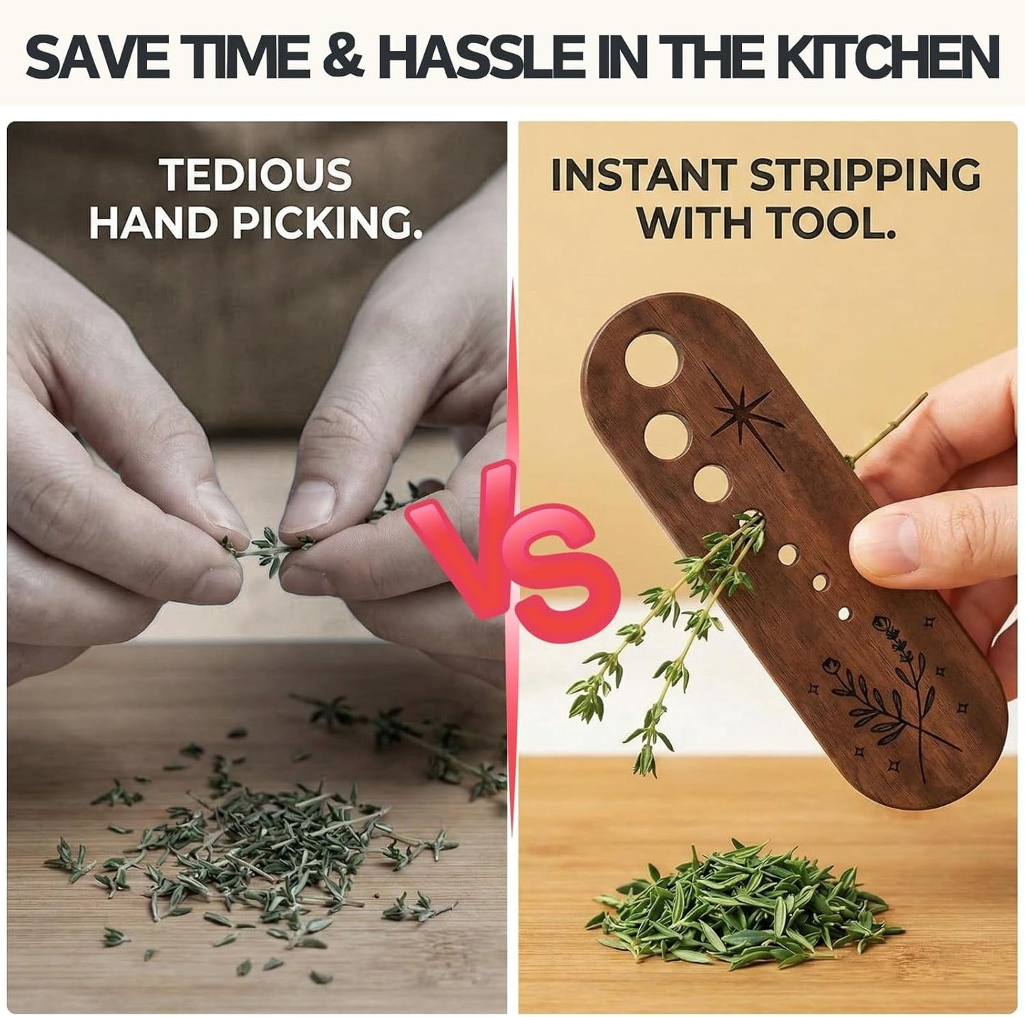 2 Pack Wooden Herb Stripper and Vegetable Leaf Separator, Wood Kale Remover Tool with 2 Unique Shapes, Fun Kitchen Gadgets for Thyme Rosemary and Parsley