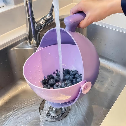 2-1 Kitchen Colander Rotating Washing Basket with Handle - Pasta Strainer - Fruit Washing Bowl with Strainer - Fruit Rinser Container (Avocado Green)