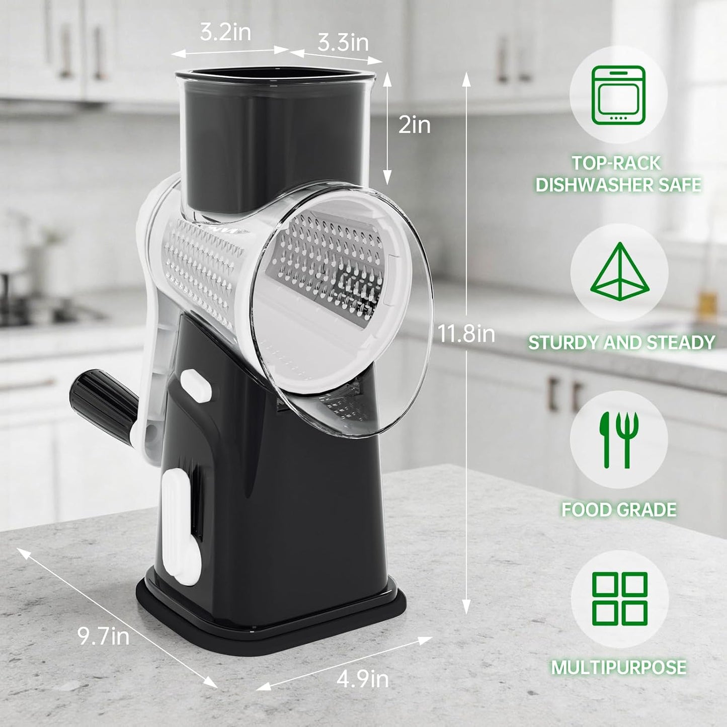 Ourokhome Rotary Cheese Grater Cheese Shredder with 5 Interchangeable Blades, Rotary Grater with Non-slip Suction Base Hand Crank Slicer for Vegetable Nuts Grey