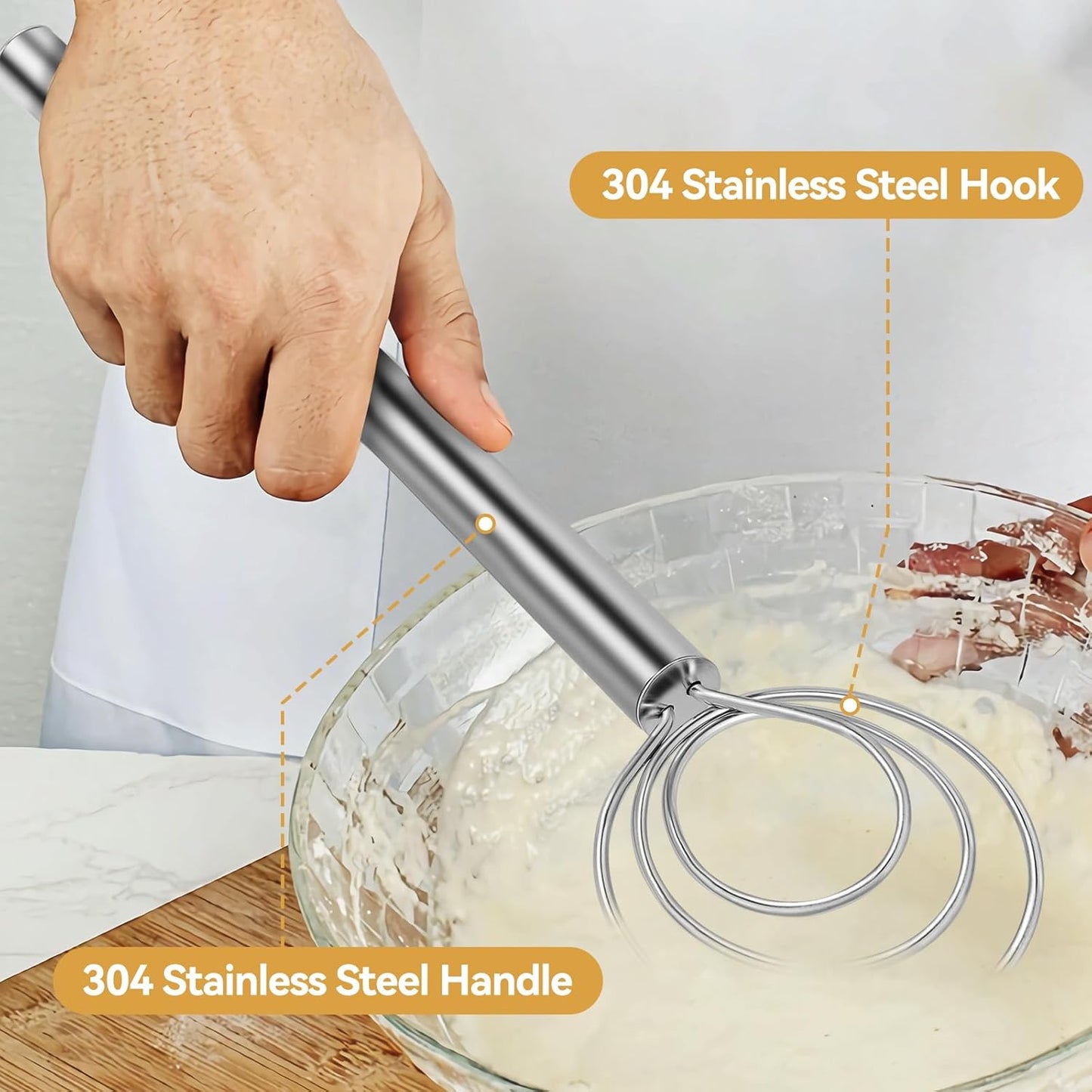 Danish Dough Whisk Dutch Bread Mixer Stainless Steel Hook Wooden Handle Baking Tools for Sourdough Pizza Pastry Cake Batter Making