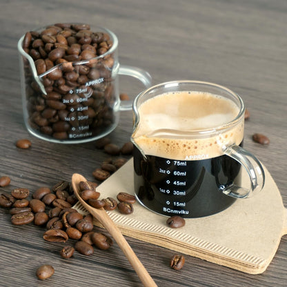 BCnmviku 2 PACK Espresso Glass Measuring Cup Triple Pitcher Milk Cup 75ML Espresso Cups with Handle Shot Glass with V-Shaped Mouth Clear Accessories Milk Frothing Pitcher (2)