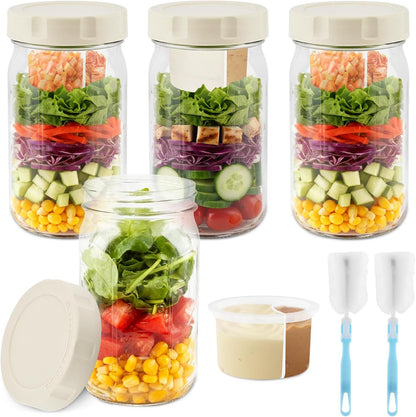 4 Pack Glass Salad Jars with Lids Meal Prep, 32oz Leakproof Mason Jar Salad Container for Lunch With 2pcs Brushes, Two Small Separate Compartments for Dressing and Dry Ingredients