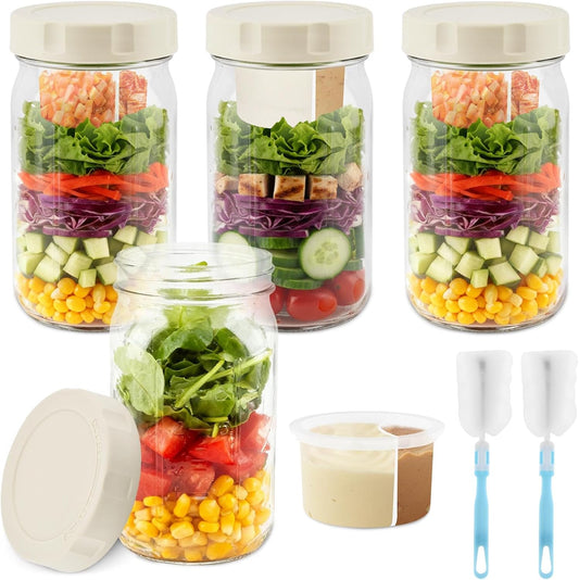 4 Pack Glass Salad Jars with Lids Meal Prep, 32oz Leakproof Mason Jar Salad Container for Lunch With 2pcs Brushes, Two Small Separate Compartments for Dressing and Dry Ingredients