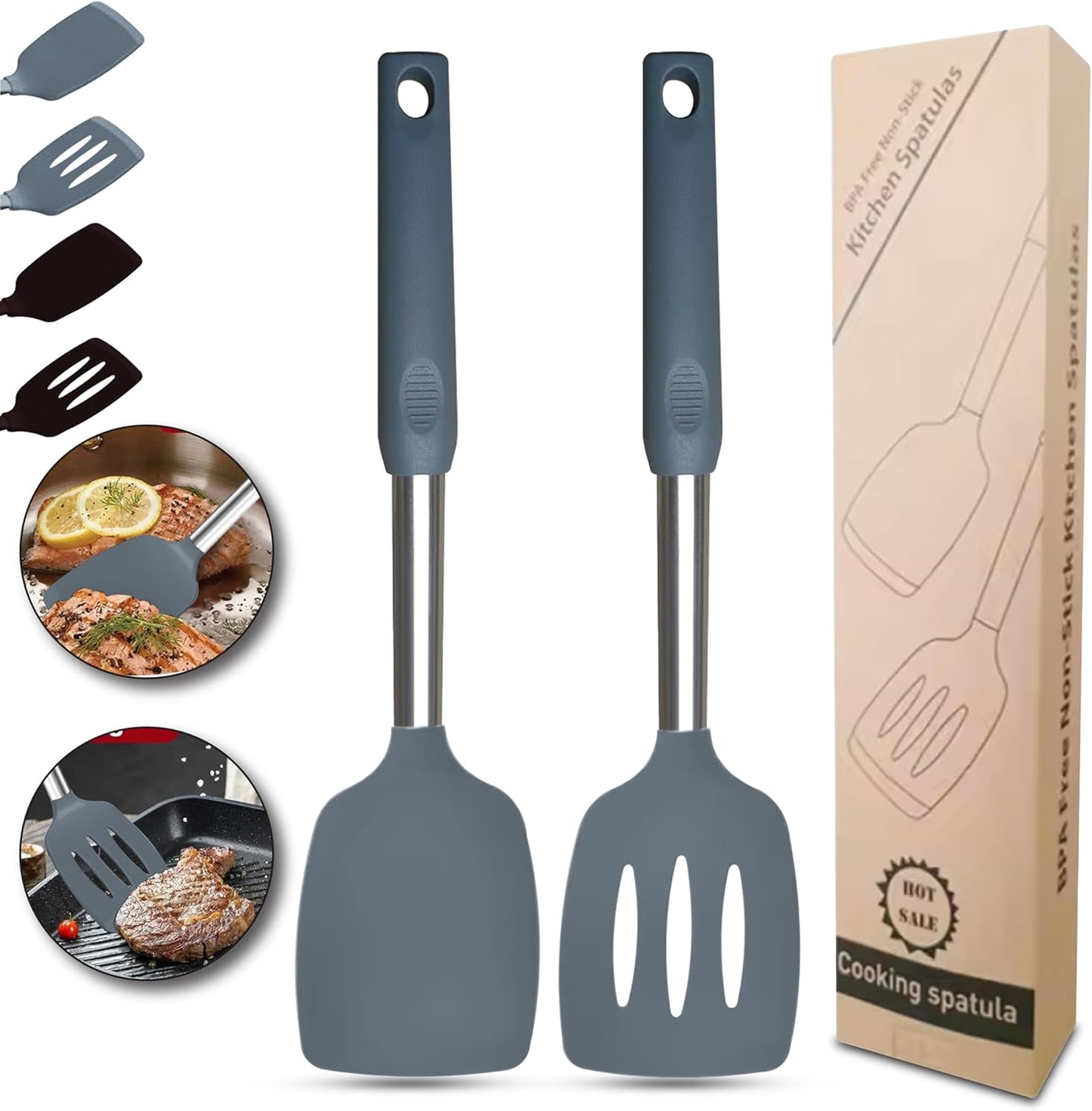 Silicone Spatula Set (2-Pc) - 600°F Heat Resistant, BPA Free, Non-Scratch, Dishwasher Safe I Slotted & Solid Kitchen Spatula Turners I Ideal for Eggs, Pancakes, Fish I Stainless Steel I Gray