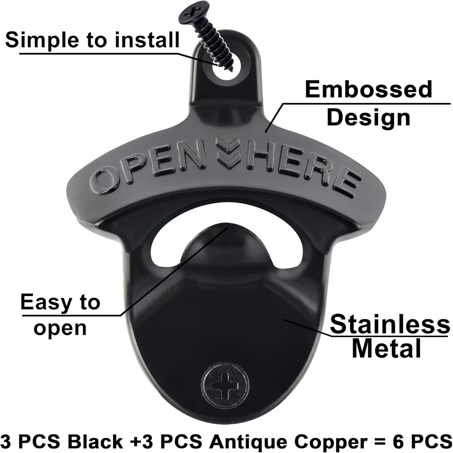 Old Fashion Bottle Opener Wall Mounted Stainless OPEN HERE Black Screw in Wall Beer Soda Bottle Cap Opener Rustic Copper for Table Cooler Post (2 PCS)