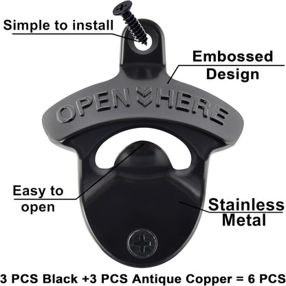 Old Fashion Bottle Opener Wall Mounted Stainless OPEN HERE Black Screw in Wall Beer Soda Bottle Cap Opener Rustic Copper for Table Cooler Post (2 PCS)