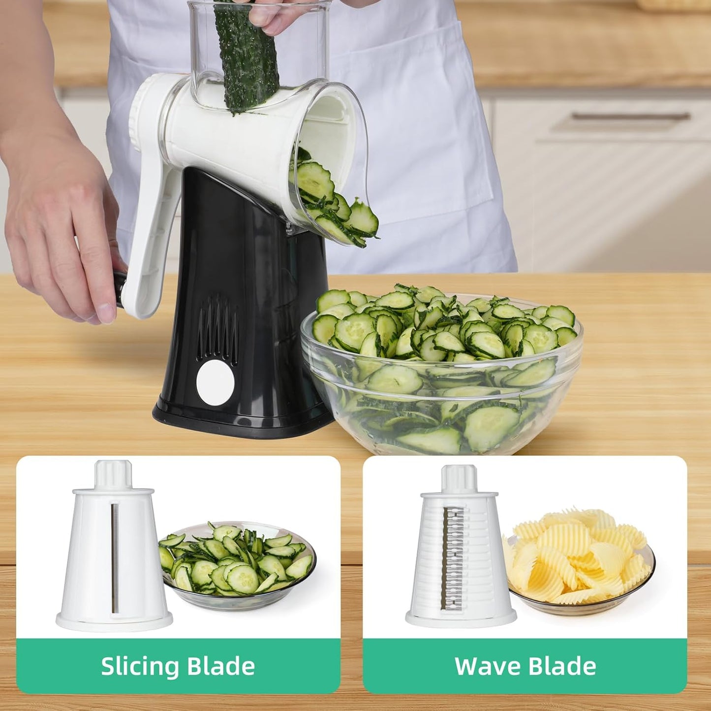 5 in 1 Rotary Cheese Grater, Manual Hand Crank Cheese Grater With Reinforced Suction & 5 Interchangeable Blades, Multifunctional Cheese Shredder, Easy to Use and Clean, Black