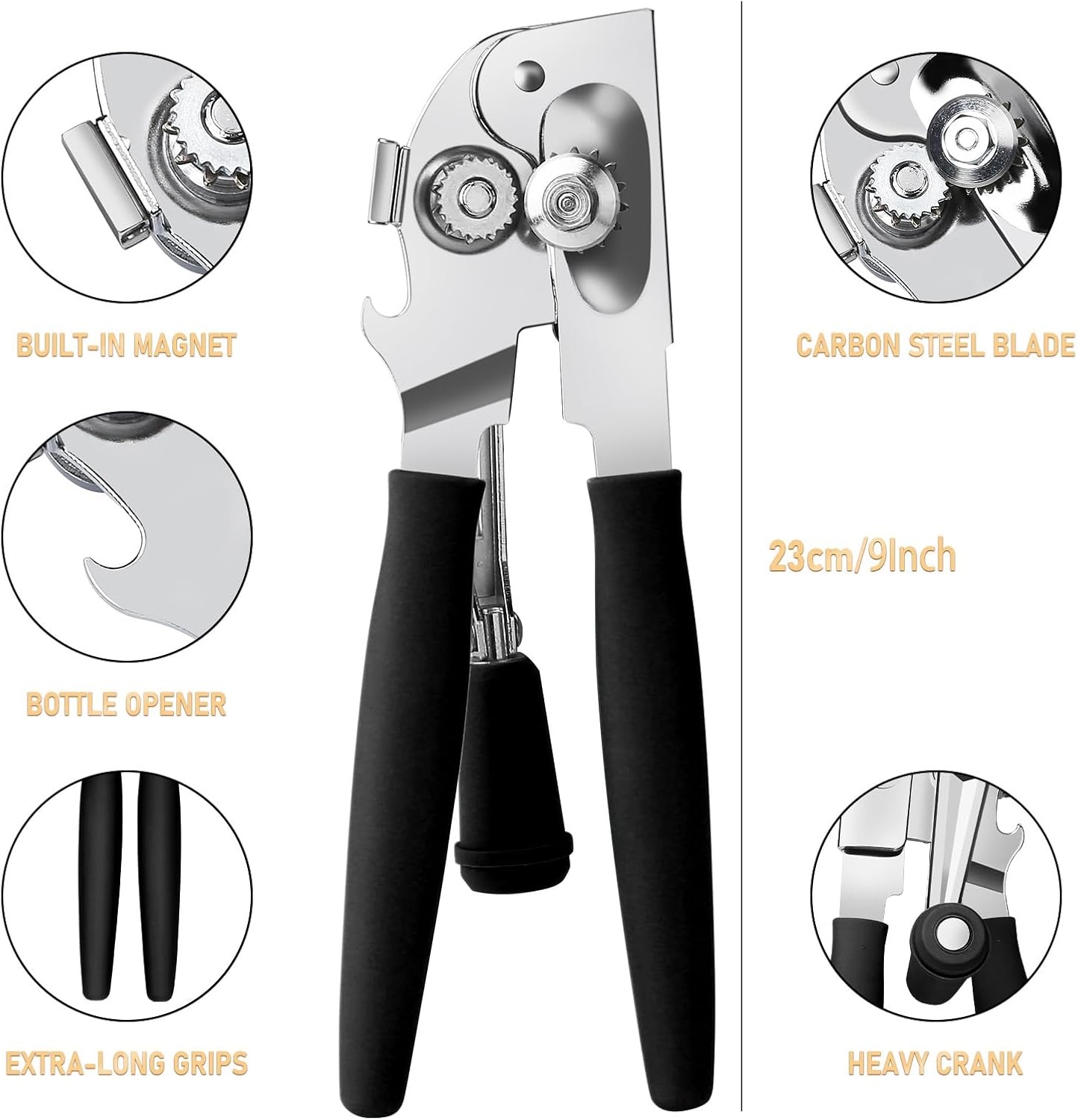JPH Commercial Can Opener Manual Heavy Duty - Easy to Use with Comfortable Easy Crank Handle - Swing Grip Design, Hand Can Opener, Includes Built in Bottle Opener (Extra Large) (black)