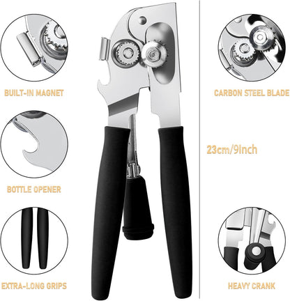 JPH Commercial Can Opener Manual Heavy Duty - Easy to Use with Comfortable Easy Crank Handle - Swing Grip Design, Hand Can Opener, Includes Built in Bottle Opener (Extra Large) (black)