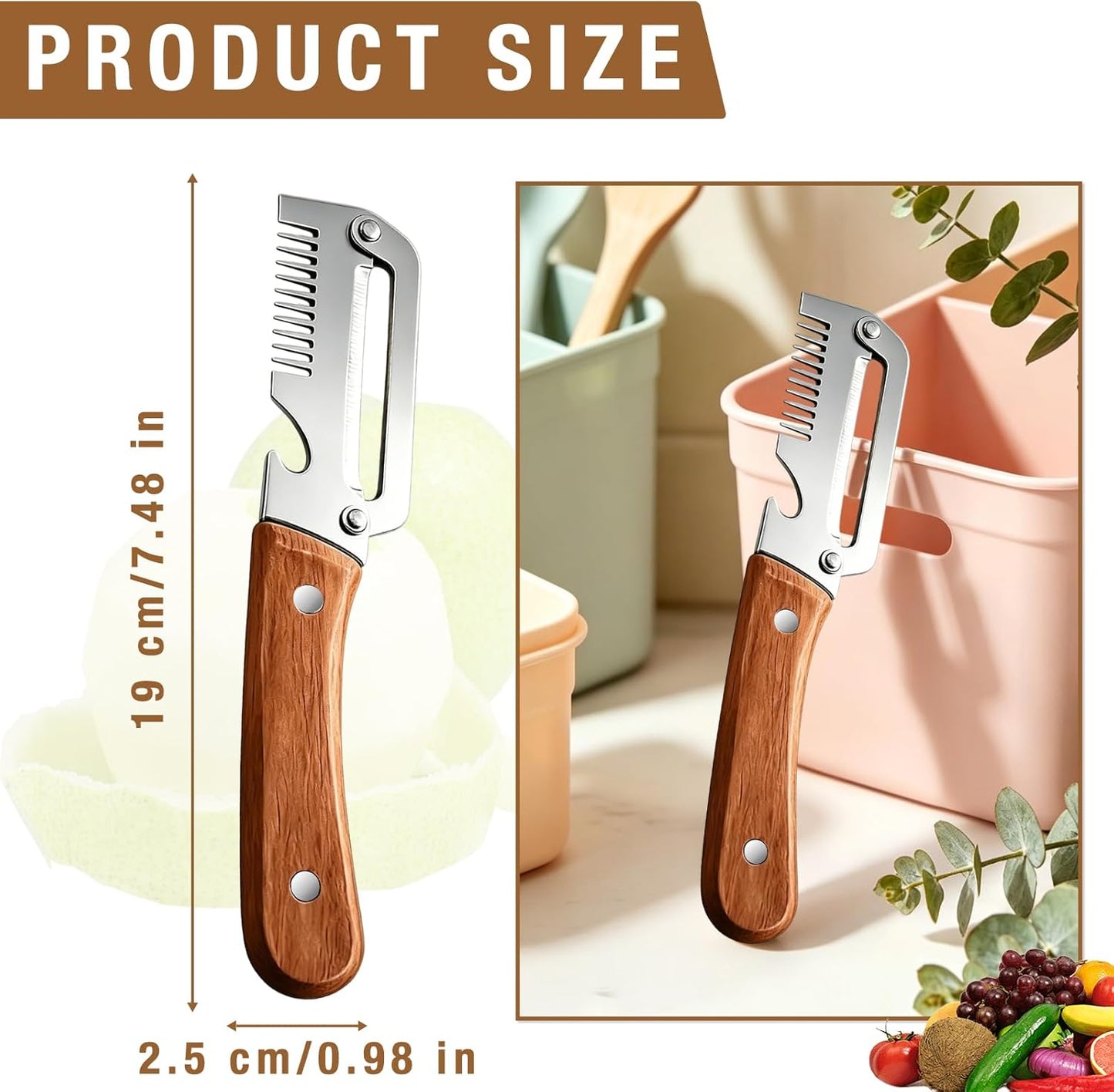 2-Pack Multifunctional Vegetable Peeler,Premium Vegetable Peeler with Wooden Handle and Bottle Opener,3-in-1 Peelers For Kitchen,Grater & Bottle Opener for Fruit & Vegetable