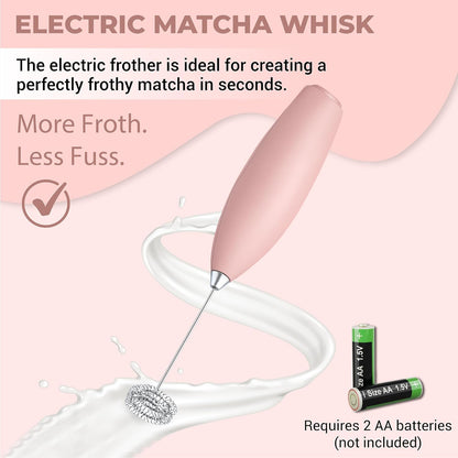 Matcha Whisk Set with Matcha Bowl - Matcha Set Included Electric Frother, Bamboo Whisk, Matcha Spoon, Bamboo Holder, Sifter, Spoon Stand (Blossom Pink)