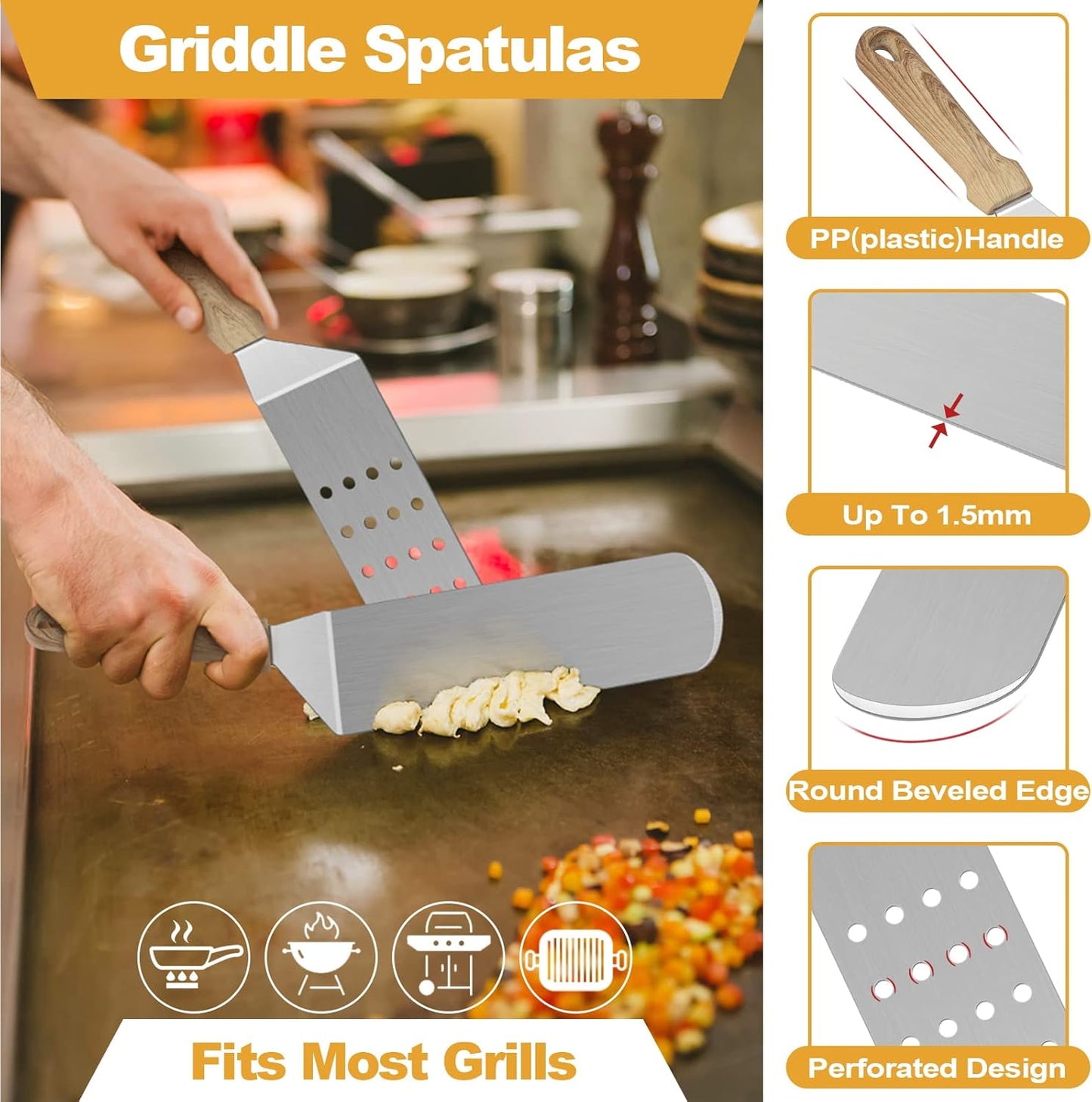 HaSteeL Griddle Accessories Kit of 5, Heavy Duty Metal Spatula, Professional Stainless Steel Flat Top Griddle Tools Set, Pancake Flipper/Griddle Scraper/Hamburger Turner for BBQ Grilling Cast Iron