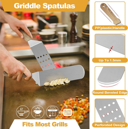 HaSteeL Griddle Accessories Kit of 5, Heavy Duty Metal Spatula, Professional Stainless Steel Flat Top Griddle Tools Set, Pancake Flipper/Griddle Scraper/Hamburger Turner for BBQ Grilling Cast Iron
