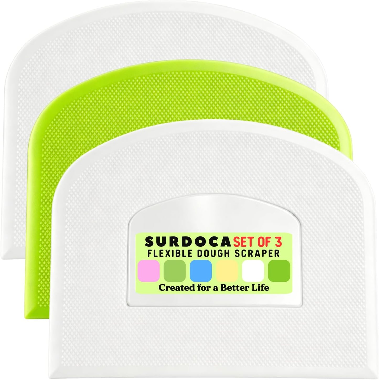 SURDOCA Dough Scraper Bench Scraper - 3P 4.7x3.7" Plastic Flexible Bowl Scraper, Sharp Edge & Angles Cake Scraper. Non-Slip Bakeware Decorating Tools Sculpting & Modeling Tools - Green+White+Green - Colors B