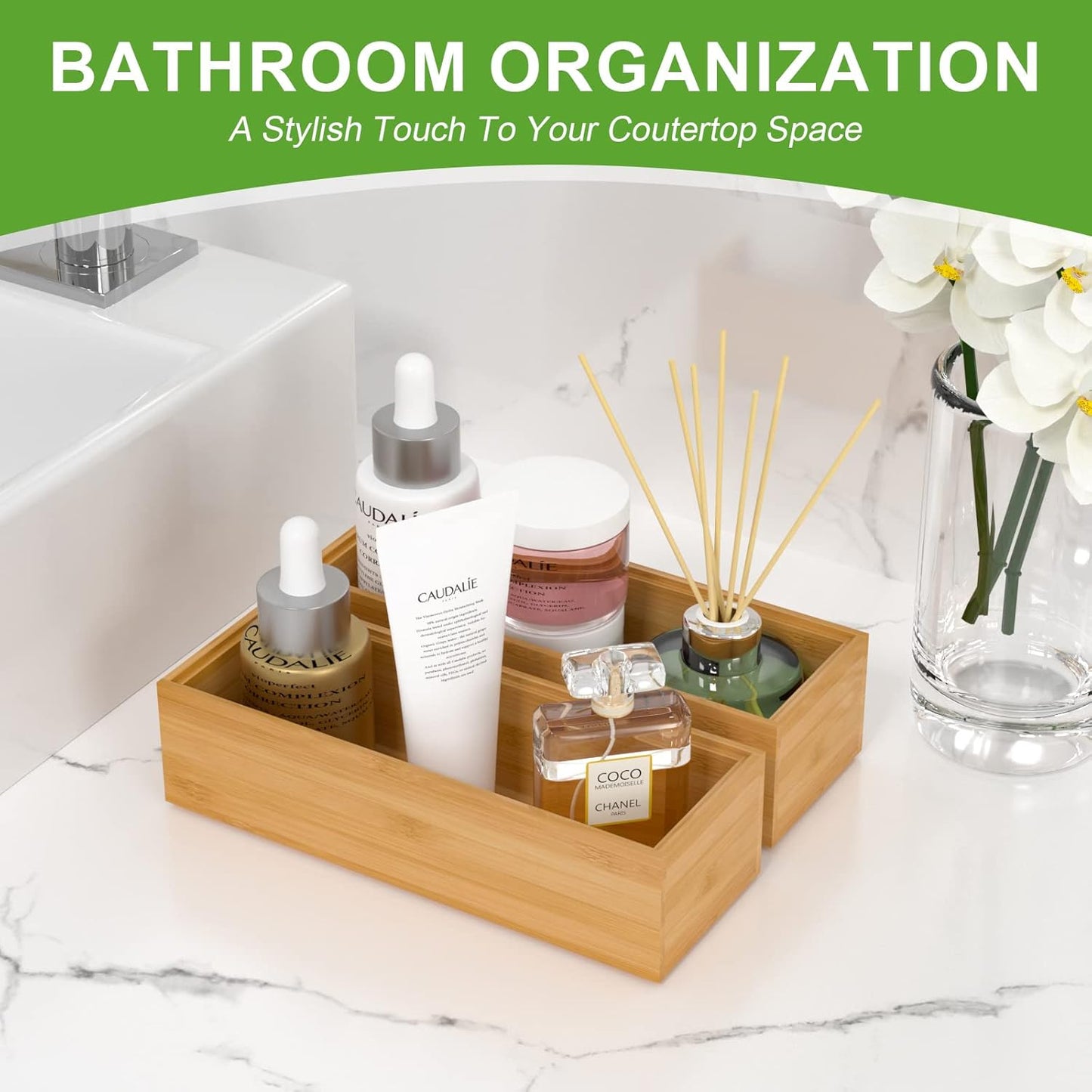 Lixple Bamboo Drawer Organizer, Narrow Stackable Cutlery Tray for Kitchen, 2 Pcs Silverware & Utensil Box, 12" x 3" x 2" (Outer), 11.3" x 2.3" x 1.77" (Inner)
