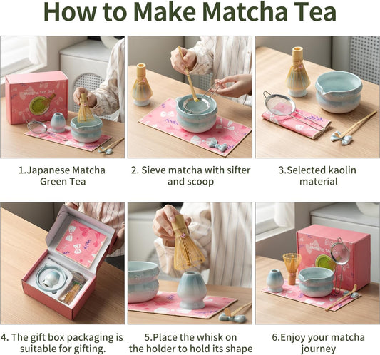 DWEHIXBUY Matcha Kit 7-Pcs matcha whisk set, Measuring Spoon, Japanese Tea Making Tools,Cha, tea bowl, pink matcha set (light blue)