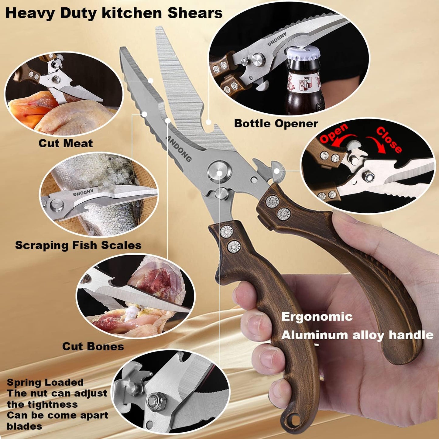 ANDONG Upgrade Heavy Duty Stainless Steel Kitchen Scissors - Professional Poultry Shears for Bone, Meat, Chicken, Fish, Turkey, Vegetables,Spring Loaded Multipurpose Ultra Sharp Utility Scissors
