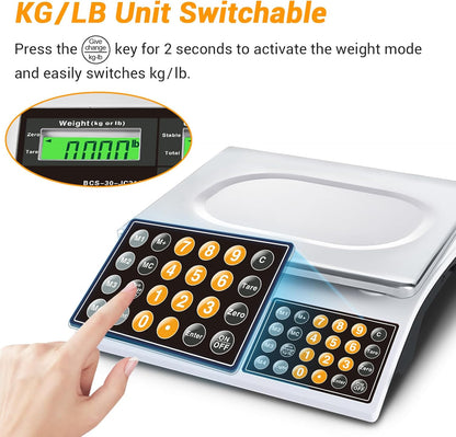 Commercial Food Scale 66lb/30kg, High Precision Digital Price Computing Scale for Farmers Marke, Deli, Dual Backlit LCD Display, Stainless Steel Platform, Rechargeable Battery for Produce Meat