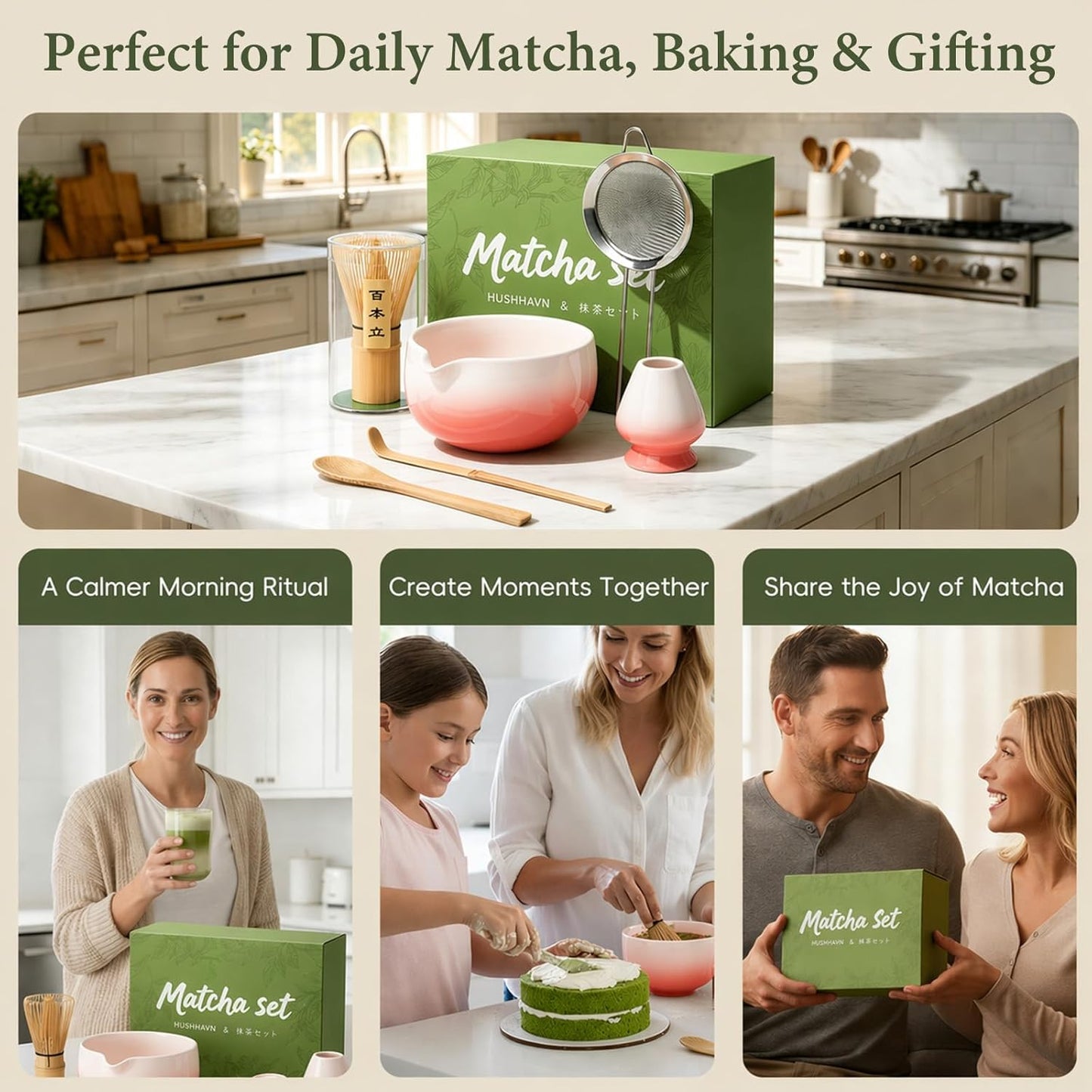 Matcha Whisk Set, Ceramic Matcha Set Includes Bowl & Holder, Bamboo Whisk (Chasen), Scoop, Spoon and Sifter, 6PCS Matcha Kit Covers Everything Needed for Making Matcha (Green)