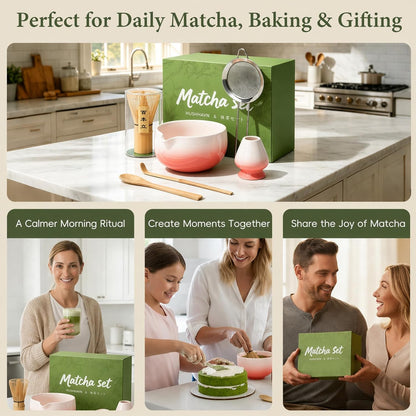 Matcha Whisk Set, Ceramic Matcha Set Includes Bowl & Holder, Bamboo Whisk (Chasen), Scoop, Spoon and Sifter, 6PCS Matcha Kit Covers Everything Needed for Making Matcha (Green)