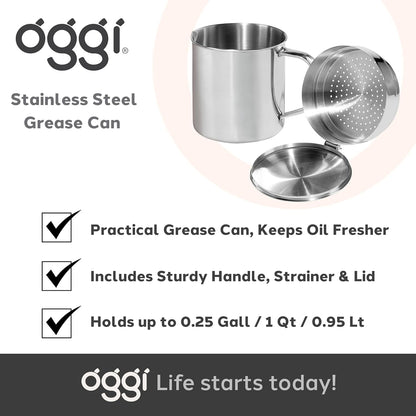 Oggi Stainless Steel Jumbo Grease Container with Removable Strainer and Snug Lid. Perfect container for fryer oil, bacon drippings, lard and ghee oil. Large capacity can - 1 Gall / 4 Qt / 3.75 Lt