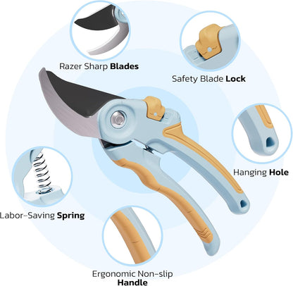 NEXON Garden Pruning Shears 2 Pack, 8" Bypass Hand Pruner & 6.25" Precision Garden Scissors, Professional Garden Clippers for Plants and Flowers