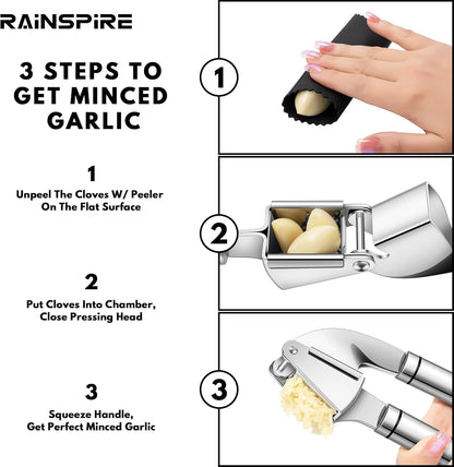 Rainspire Premium Garlic Press Stainless Steel, Garlic Mincer Tool, Garlic Crusher Tool, Garlic Smasher Garlic Masher Includes Silicone Garlic Peeler & Cleaning Brush, Dishwasher Safe (Silver)