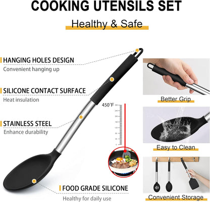 E-far Silicone Cooking Utensils Set, 7 Pcs Heat Resistant Kitchen Utensils with Stainless Steel Handle, Slotted Turner, Spoon, Soup Ladle, Pasta Server, Skimmer, Tongs for Nonstick Cookware, Black