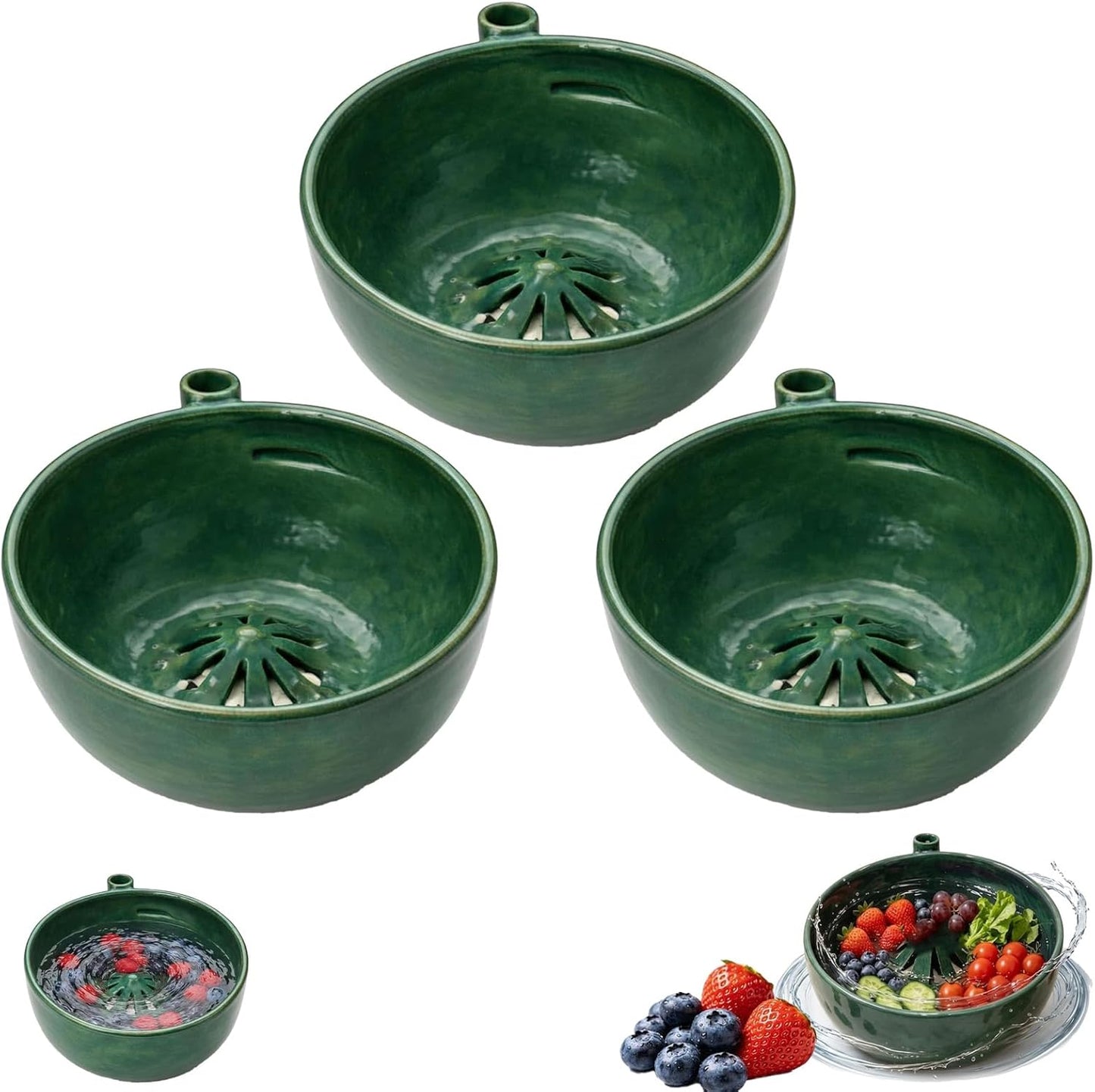 Self Spinning Berry Washing Bowl, Automatic Berry Rinse Bowl with Vortex Washing, 360-Degree Fruit Washer Colander with Built-in Drain Holes for Kitchen, Berries, Grapes and Vegetables (1Pc)