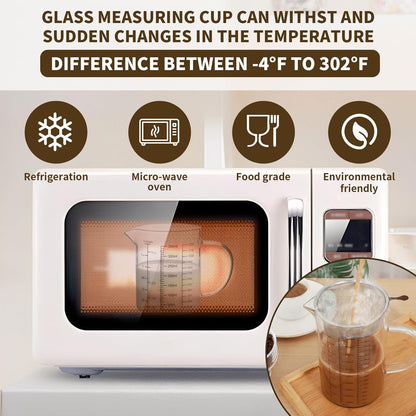 Glass Measuring Cup Set, 4-Cup/32oz (1000 ml) + 12oz (350 ml) Graduated Pitchers with Handle & Drip-Free Spout, Fine Mesh Strainer & Cleaning Brush for Liquid Measuring, Baking, Cold Brew