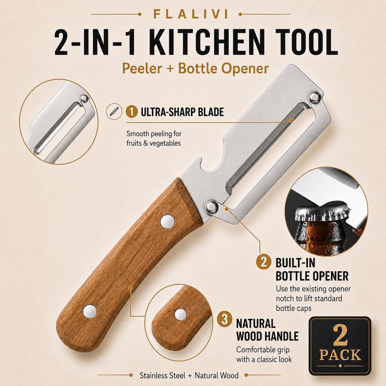 2-in-1 Multifunctional Vegetable Peeler, Wooden Handle & Bottle Opener Stainless Steel Potato Peeler, Kitchen Peeler for Fruits and veggies (Left Hand Version)