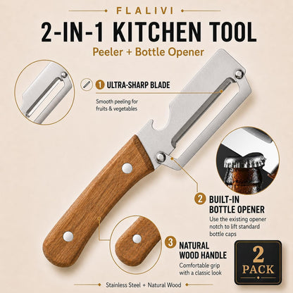 2-in-1 Multifunctional Vegetable Peeler, Wooden Handle & Bottle Opener Stainless Steel Potato Peeler, Kitchen Peeler for Fruits and veggies (Left Hand Version)