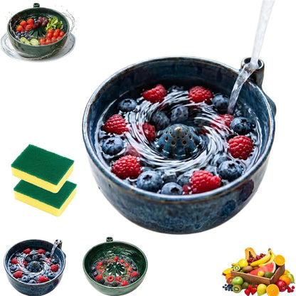The Original Artisan Swirling Berry Bowl, Self Rinsing Berry Bowl with Drain Holes, Vortex Fruit Washing Design, Automatic Rotating Strainer Basket for Berries Vegetables Serving (1PCS*B)