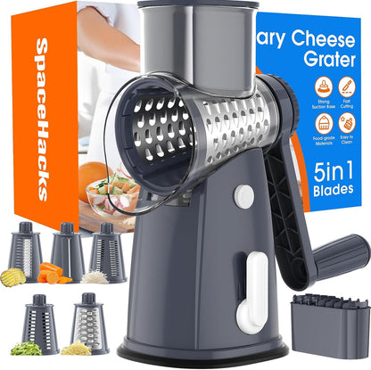 SpaceHacks Rotary Cheese Grater Hand Crank, with 5 Blades for Chopper Shredder Spiralizer Slicer for Vegetable Cheese Fruit, Food Chopper for Kitchen with Blades Storage Box & Suction Base (Black)