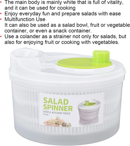 Large Salad Spinner with Drain, Salad Drainer Multifunction 3L Vegetable Dryer with Bowl and Colander for Cooking