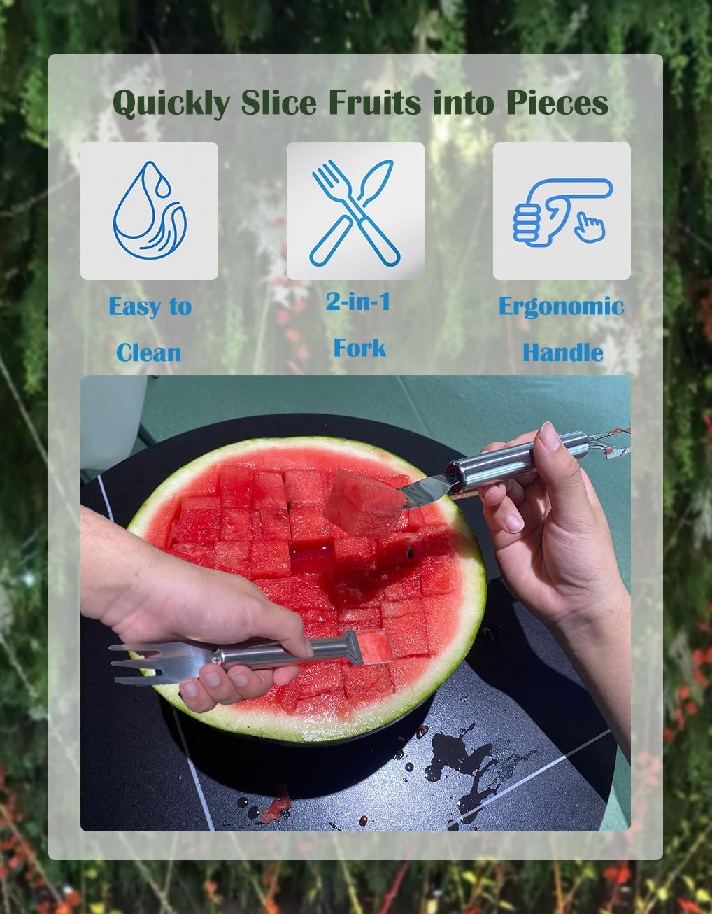 2-in-1 Stainless Steel Watermelon Slicer Fork, Kitchen Fruit Cutter Tool for Camping and Family Gatherings,Silver watermelon fork slicer cutter,Melon Cutter,Fruit Slicer