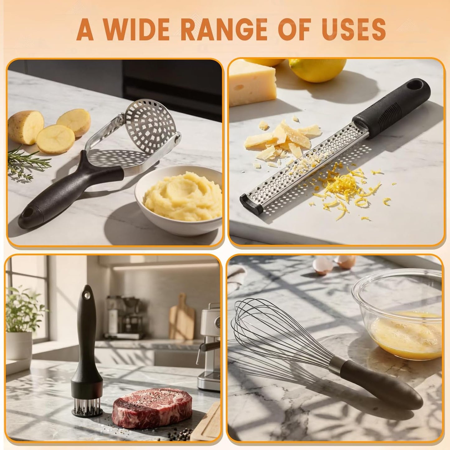 4-Piece Kitchen Gadget Set with Potato Masher, Balloon Whisk, Meat Tenderizer & Cheese Grater - Essential Prep Tools for Baking, Cooking & Meal Prep, Dishwasher Safe