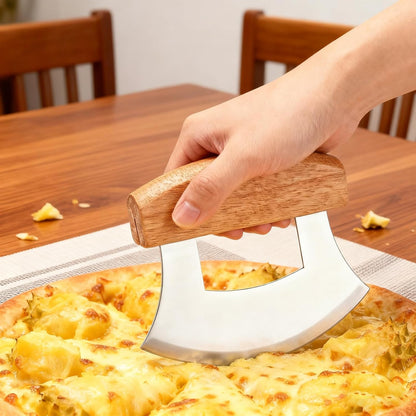 4 PCS Pizza Mezzaluna Ulu Knife, Salad Chopper Rocker Knife Stainless Steel Blade with Wooden Handle for Chopping Vegetable, Fruit