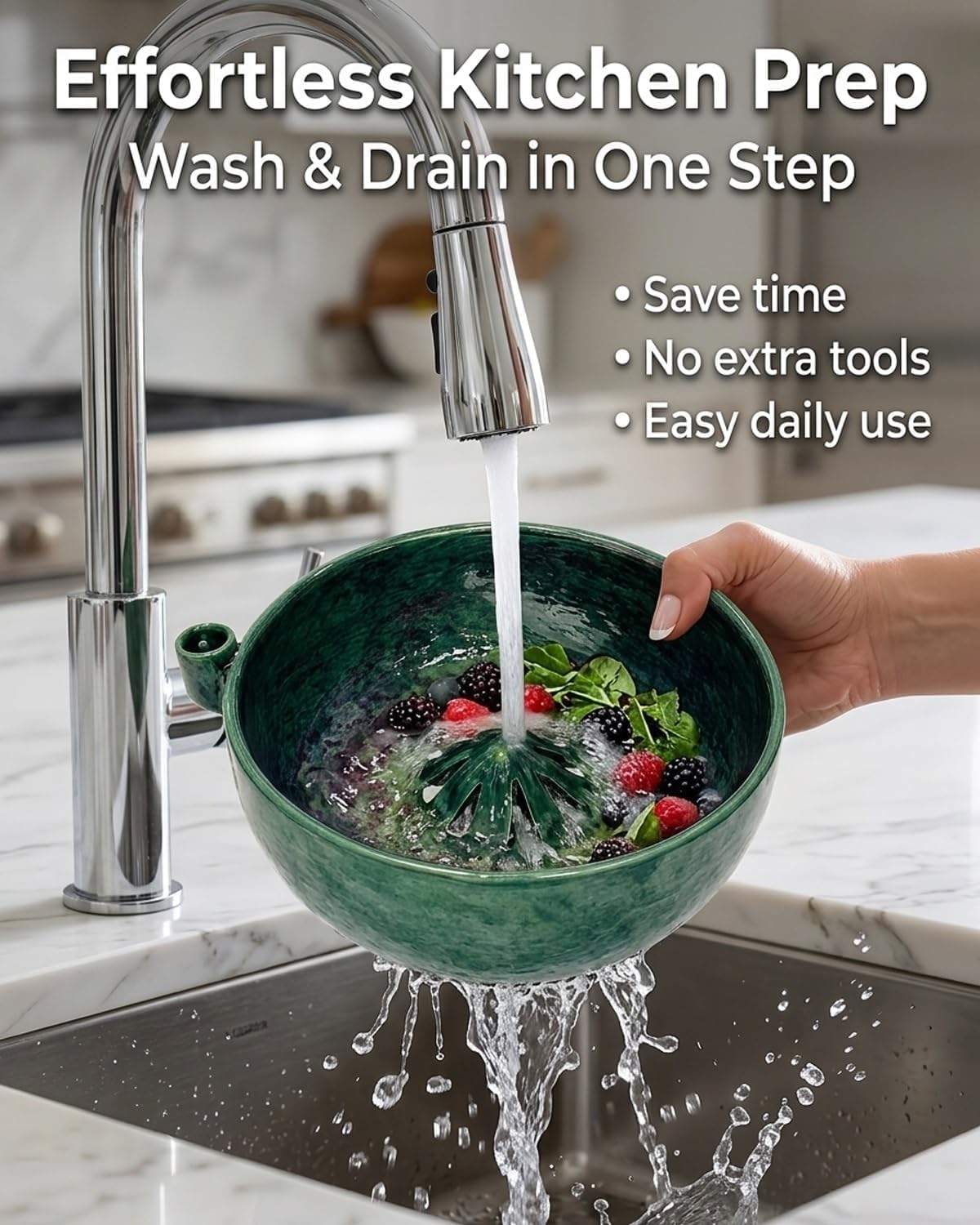 Self Spinning Berry Washing Bowl Ceramic, Automatic swirl fruit colander with drain hole, multipurpose kitchen washer for berries, fruits and vegetables (1 Pcs)