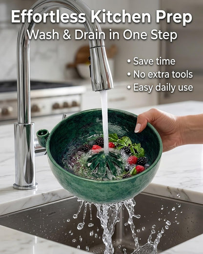 Self Spinning Berry Washing Bowl Ceramic, Automatic swirl fruit colander with drain hole, multipurpose kitchen washer for berries, fruits and vegetables (1 Pcs)