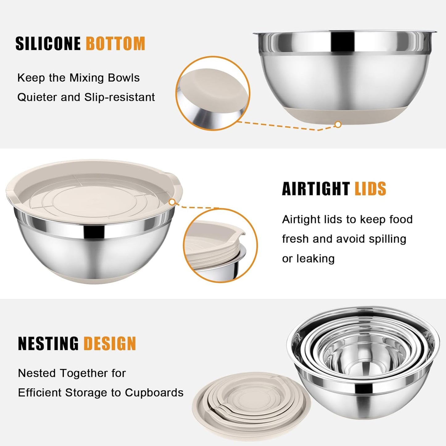 P&P CHEF Mixing Bowl with Lid Set, 5 Piece Stainless Steel Mixing Nesting Bowls for Salad Storage, 3 Grater Attachments & Non-Slip Bottoms, Size 1/1.5/2 / 2.6/4.6 QT, Multicolor