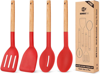 Pack of 4 Silicone Cooking Utensils Set, Non Stick Solid Spatulas and Heat Resistant Slotted Spoons with Wooden Handle, Ideal Wood Kitchen Utensils Set for Frying,Serving,Turning,Stirring (KHAKI)