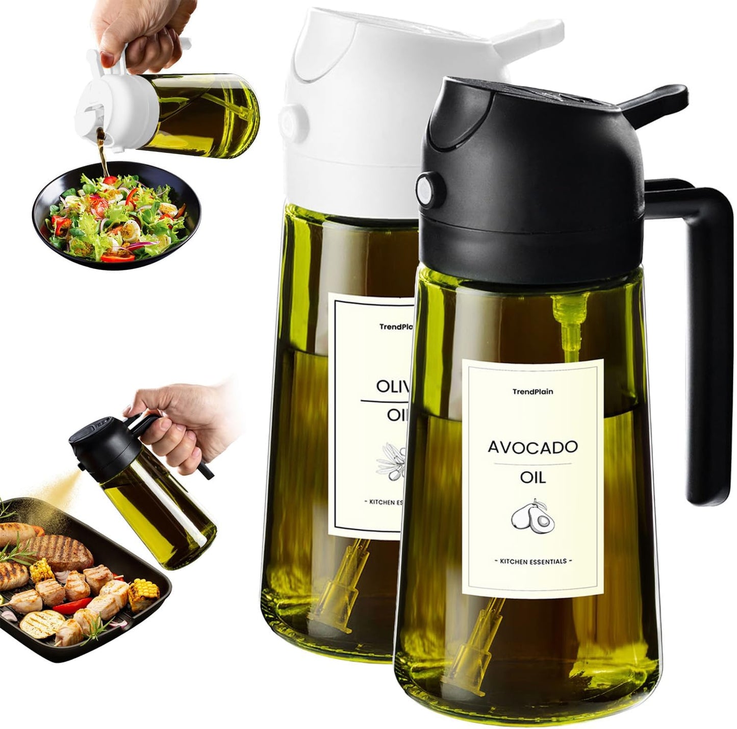 TrendPlain - Original 16oz/470ml Olive Oil Dispenser Bottle for Kitchen Gadgets and Air Fryer Accessories - Olive Oil Sprayer for Cooking w/Stickers - Black