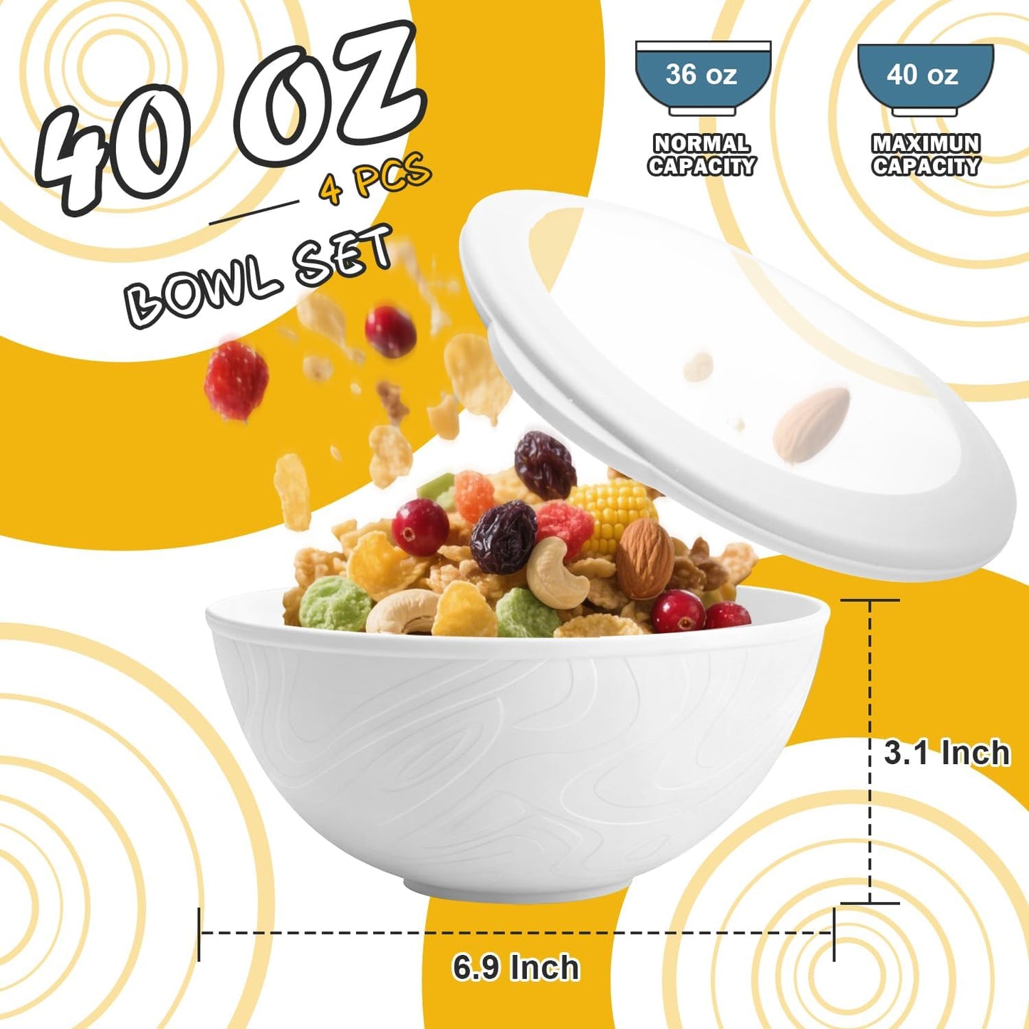 Wheat Straw Bowls Set with Lids, Unbreakable 40 OZ Cereal Bowls Set of 4, Salad Container for Lunch, Microwave & Dishwasher Safe Bowl Set for Kitchen, Picnic, RV, Camping, Multi