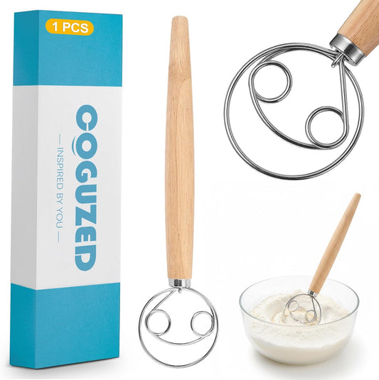 CoguZed Danish Dough Whisk - Stainless Steel Hand Mixer with Wooden Handle, Essential Baking Tool for Sourdough, Artisan Bread & Pastry Dough