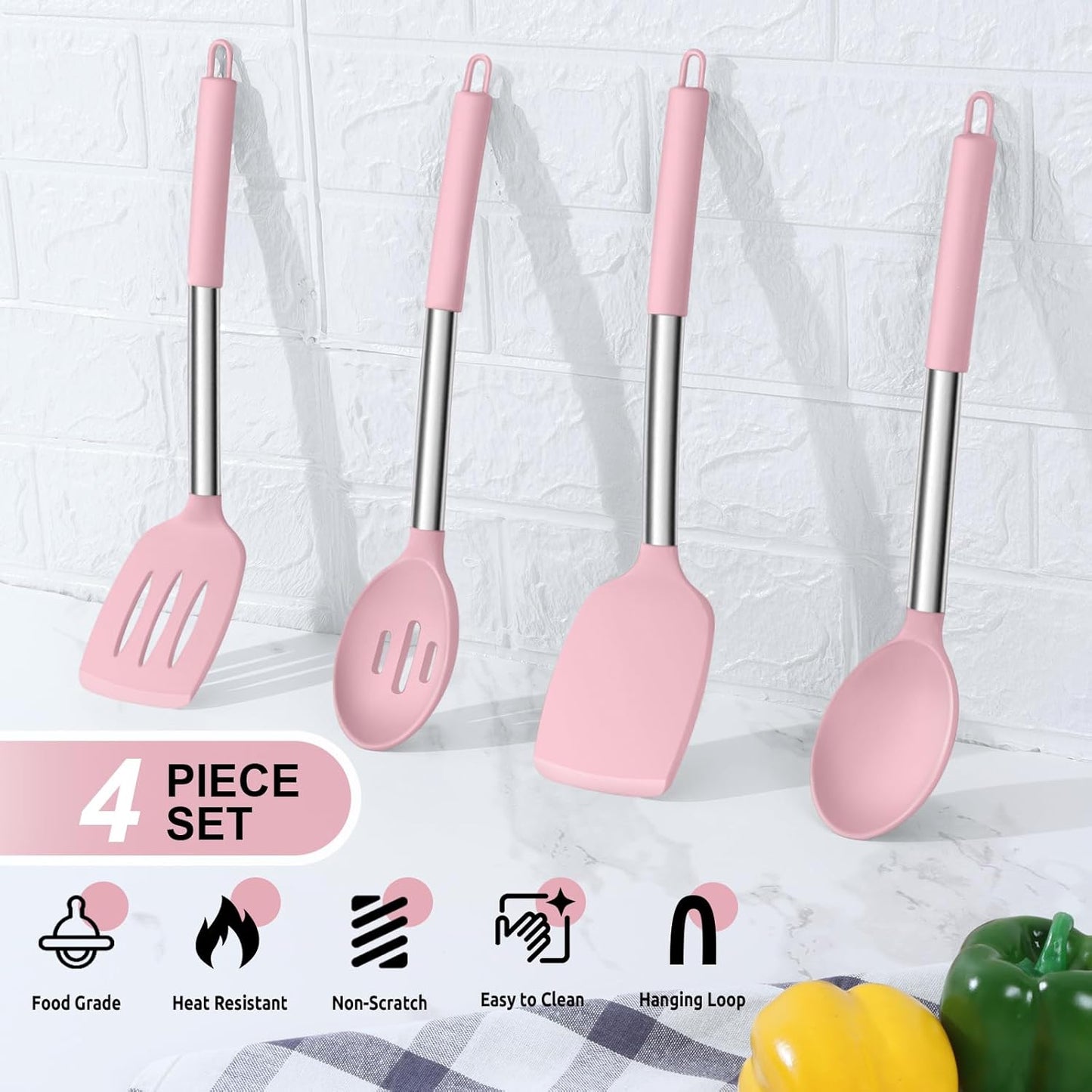 E-far Cooking Utensils Set of 4, Silicone Kitchen Utensils for Non-stick Cookware, Heat Resistant & Non-toxic Slotted Spatula Solid Spoon Turner for Flipping Mixing Serving Basting(Black)