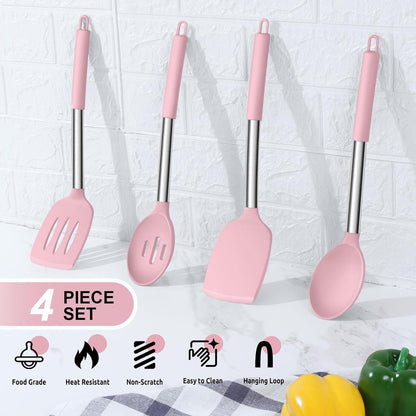 E-far Cooking Utensils Set of 4, Silicone Kitchen Utensils for Non-stick Cookware, Heat Resistant & Non-toxic Slotted Spatula Solid Spoon Turner for Flipping Mixing Serving Basting(Black)