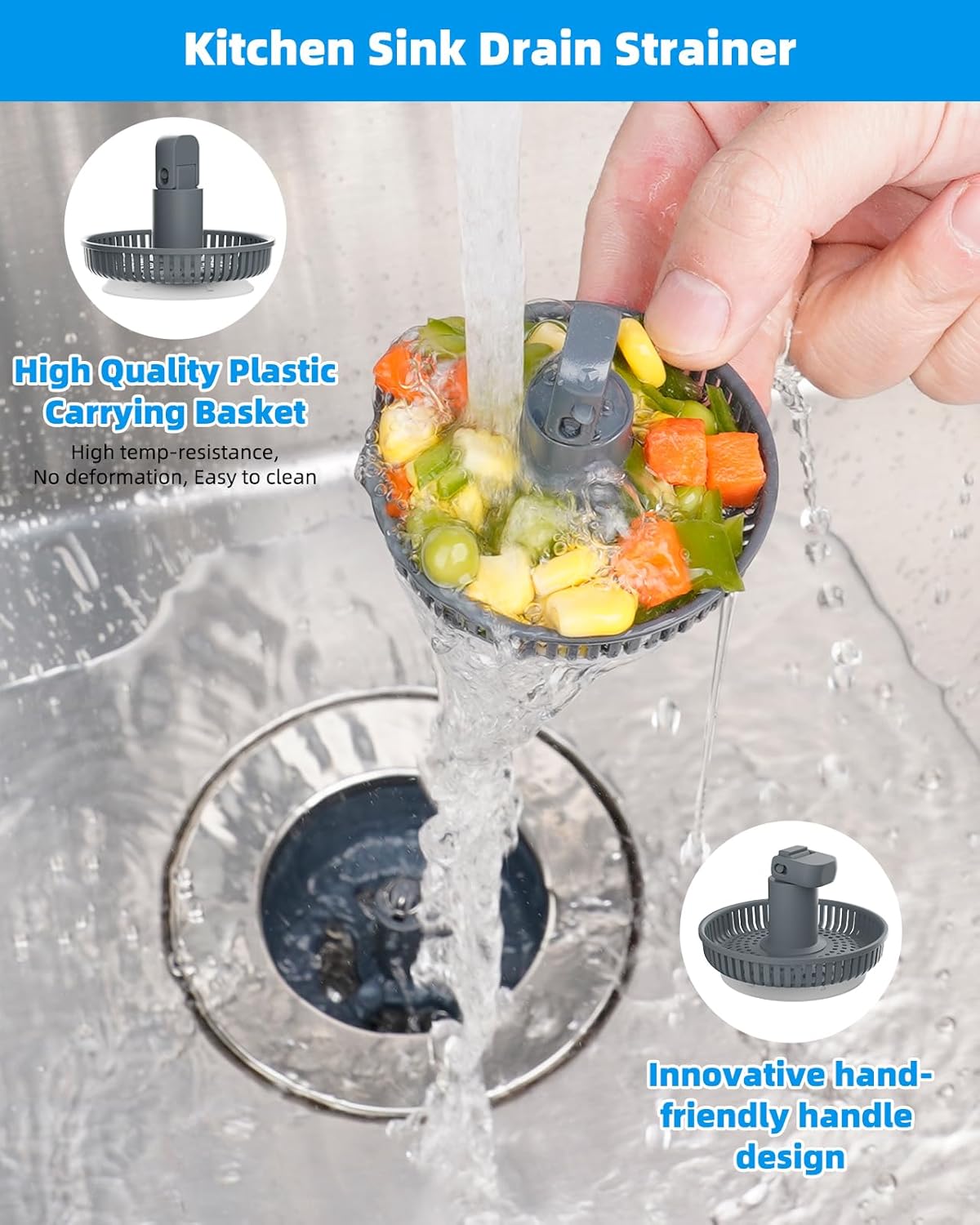Hibbent Upgraded 3 in 1 Kitchen Sink Drain Strainer and Stopper Combo, Stainless Steel Metal Pop Up Sink Stopper, Anti-Clogging Basket with Foldable Handle for US Standard 3-1/2 Inch Drain