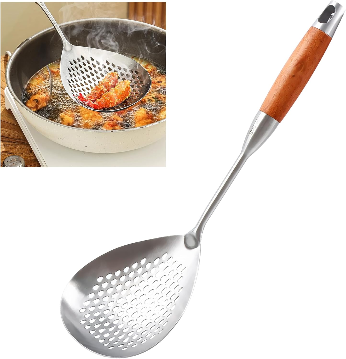 Skimmer Slotted Spoon, 304 Stainless Steel Spider Strainer Skimmer Ladle Spoon for Cooking and Frying, Pasta Strainer Spoon for Draining, 4.3 Inch
